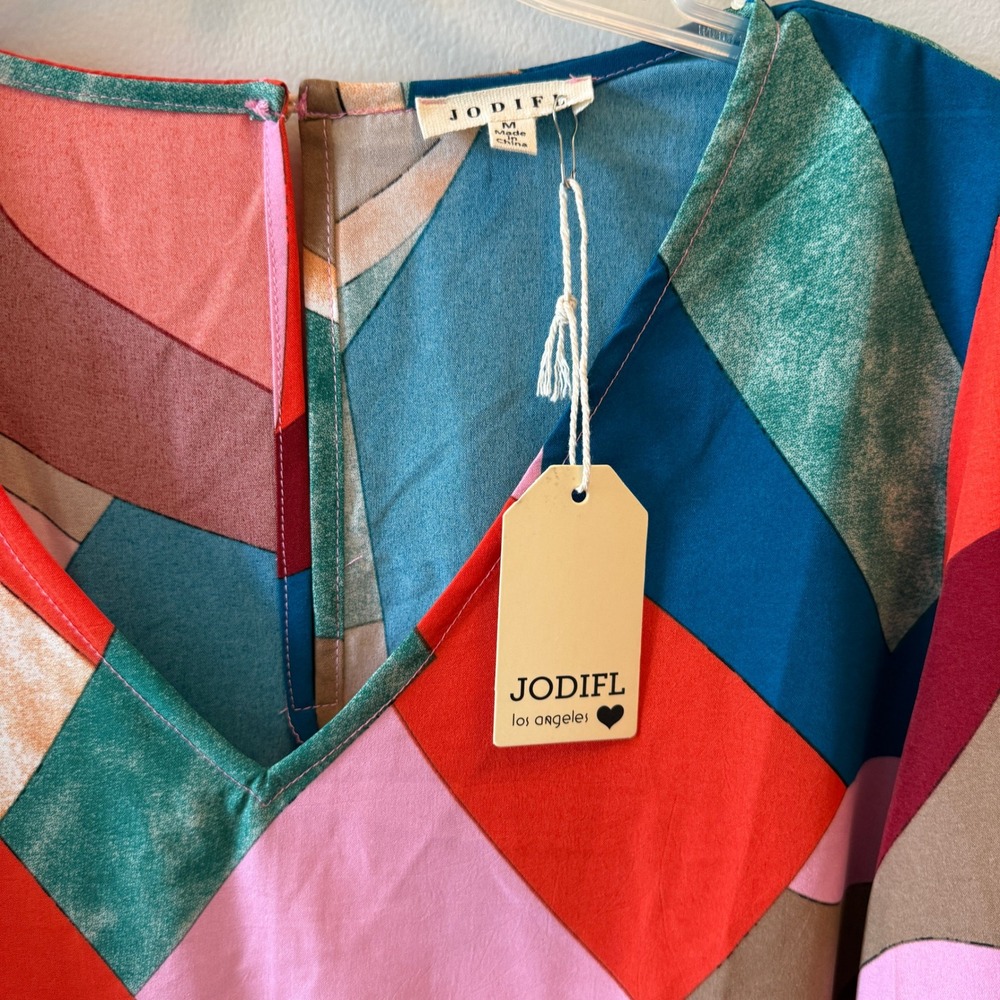 NWT Jodifl Geometric Print Babydoll Frill Dress | Multicolor | Size Large - Picture 3 of 4